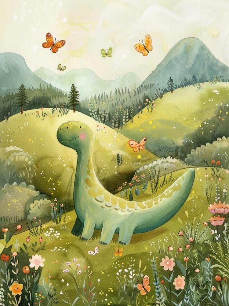 Cute Dinosaurs Playing With Butterflies Storybook Painting 1