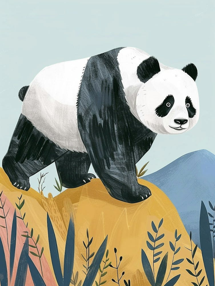 Giant Panda Walking On A Mountrain Storybook Illustration 3