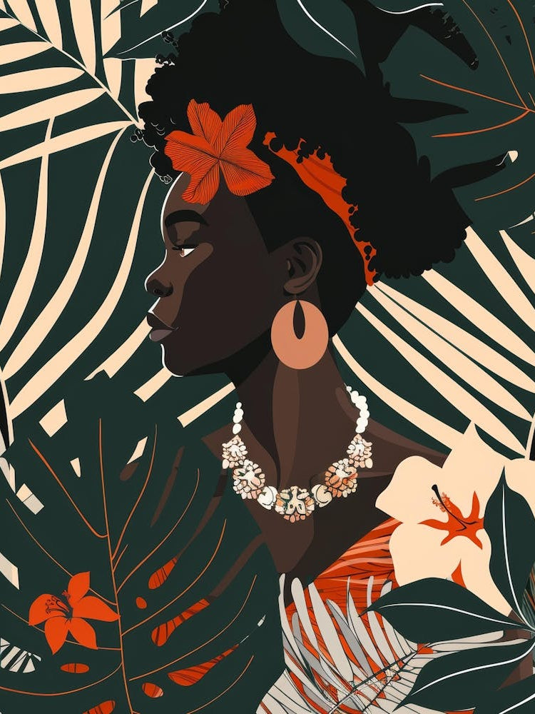 African Woman With Flowers And Leaves