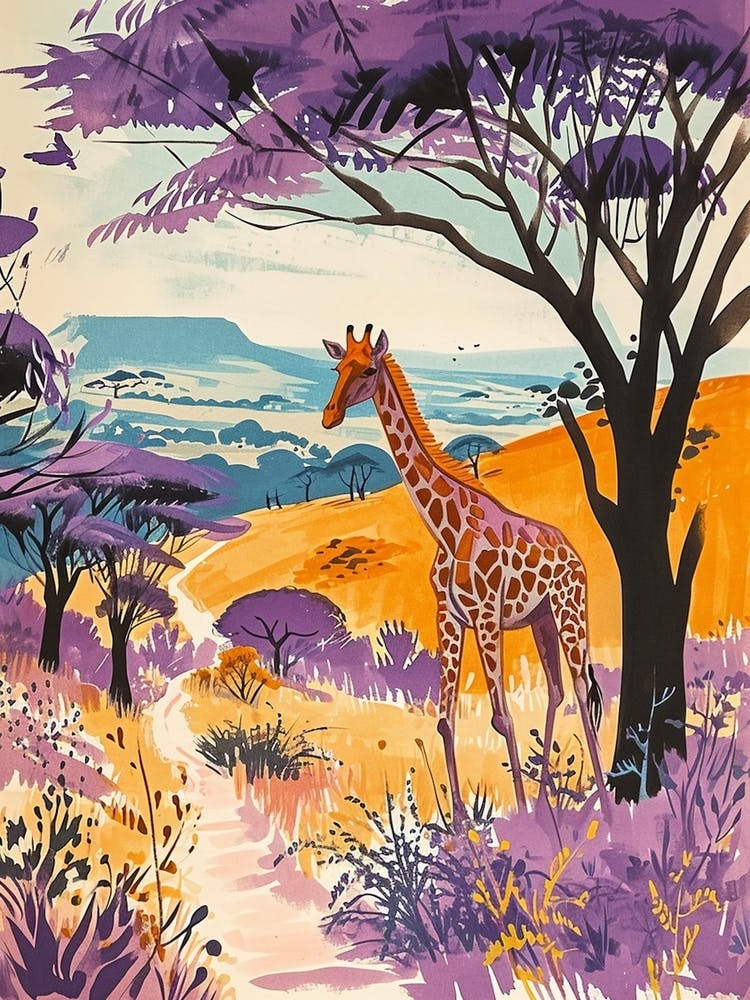 Lilac Giraffe Watercolour Inspired Illustration Under The Acacia Tree 1
