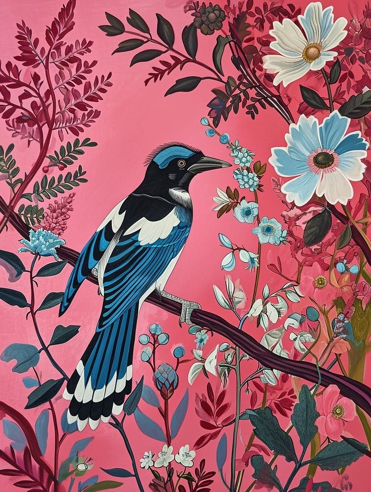 Floral Animal Painting Magpie 4