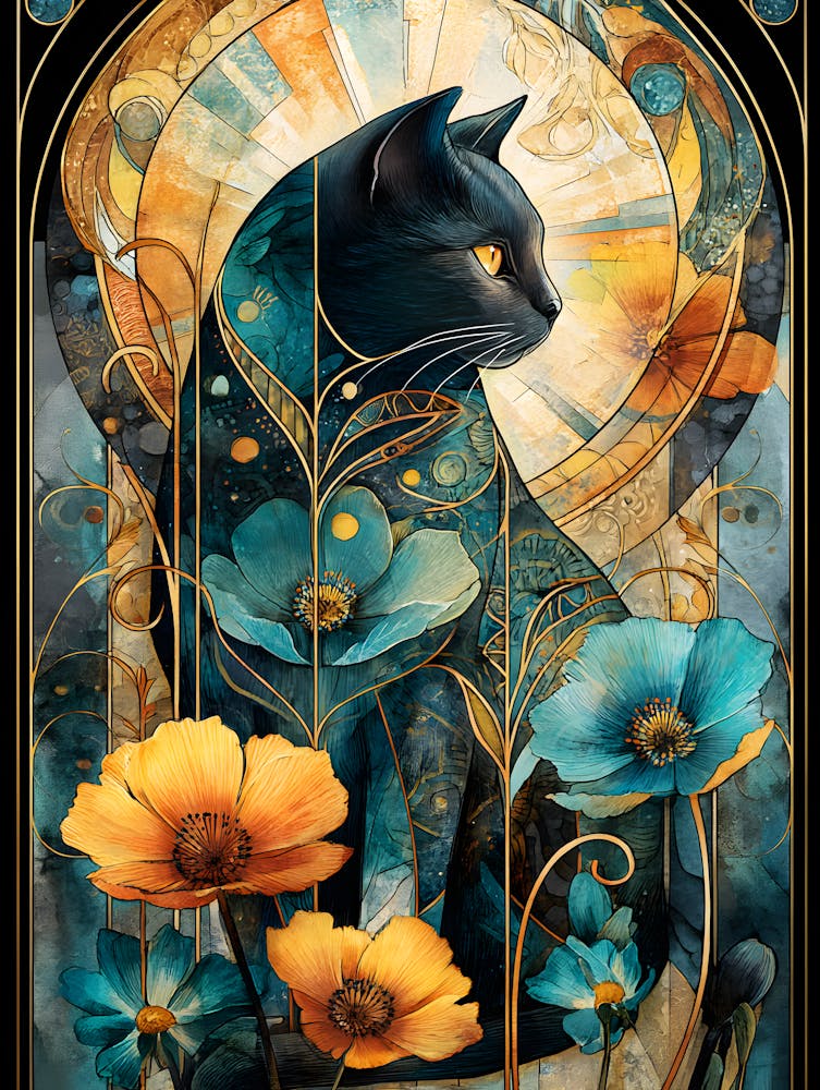 Black Cat With Flowers 2