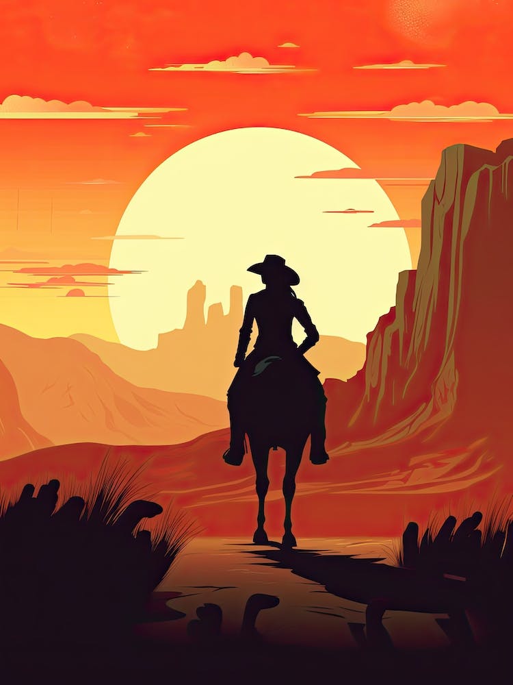 Cowgirl Riding A Horse In The Desert Orange Tones Illustration 2