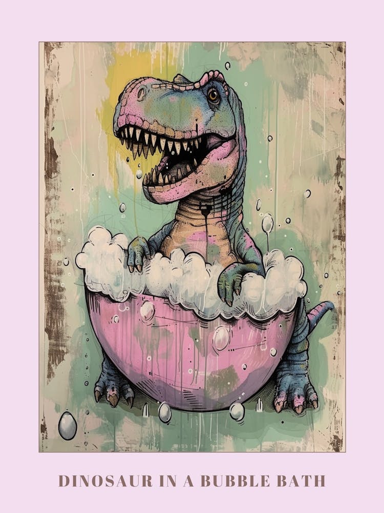 Dinosaur In The Bubble Bath Pastel Pink Abstract Illustration 3 Poster