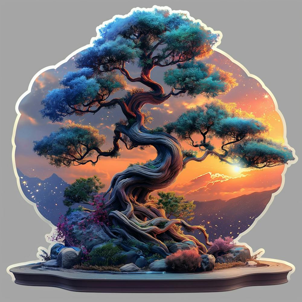 Autocollant Arbre Bonsaï, Design Arbre Miniature, Entouré d'une Bordure Blanche Avec un Effet Holographique Double Vision 1