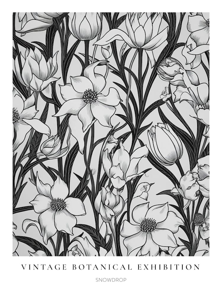 Snowdrop B&W Vintage Botanical Poster