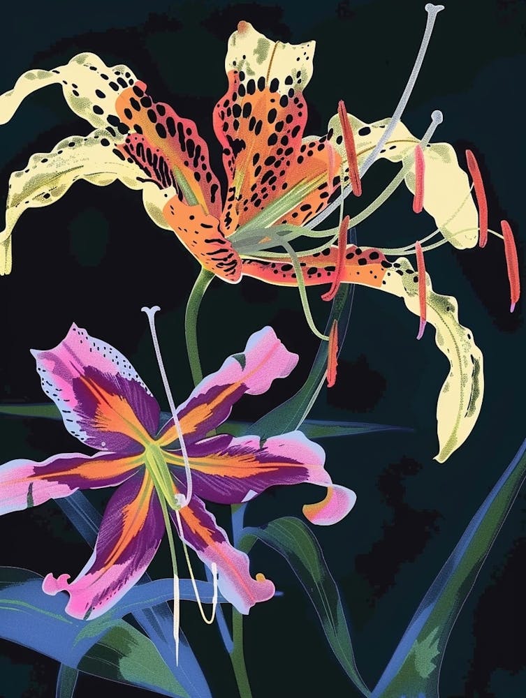 Neon Flowers On Black Gloriosa Lily 1