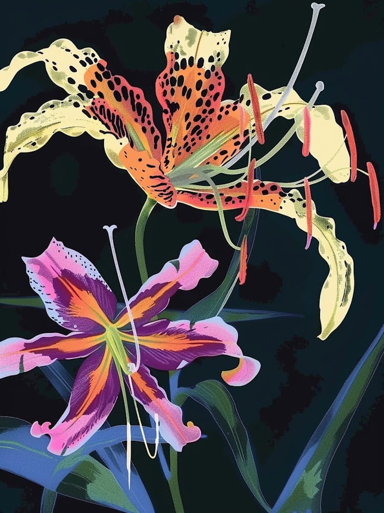 Neon Flowers On Black Gloriosa Lily 1