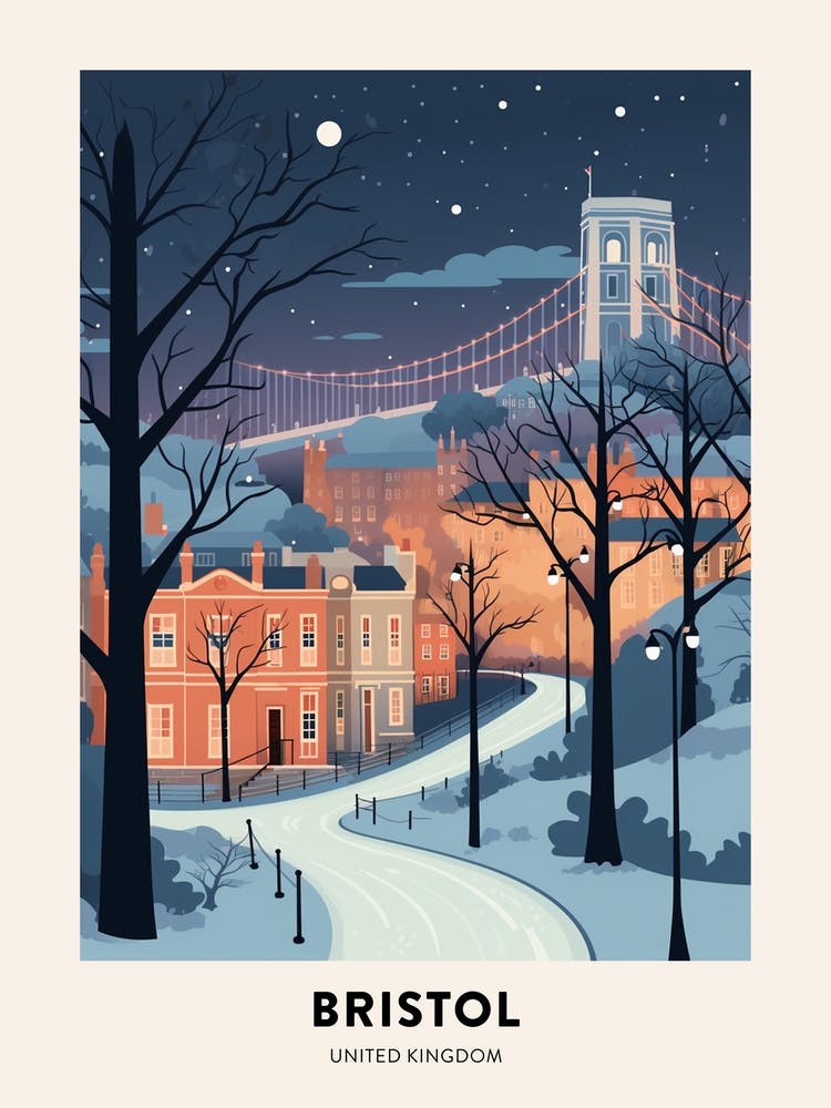 Winter Night  Travel Poster Bristol United Kingdom 1