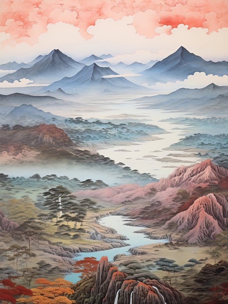 Aso Caldera In Kumamoto, Ukiyo E Drawing 1