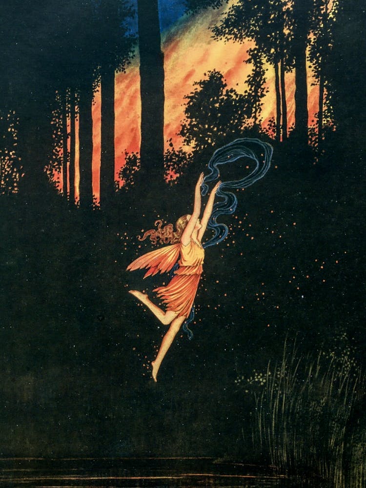The Autumn Fairy by Ida Rentoul Outhwaite 1921 Fairyland - Vintage Art Deco Fairycore Australian Illustrator Witchy Fairytale Beautiful Fall Leaves Magic Witchcore Cottagecore Lake Sunset