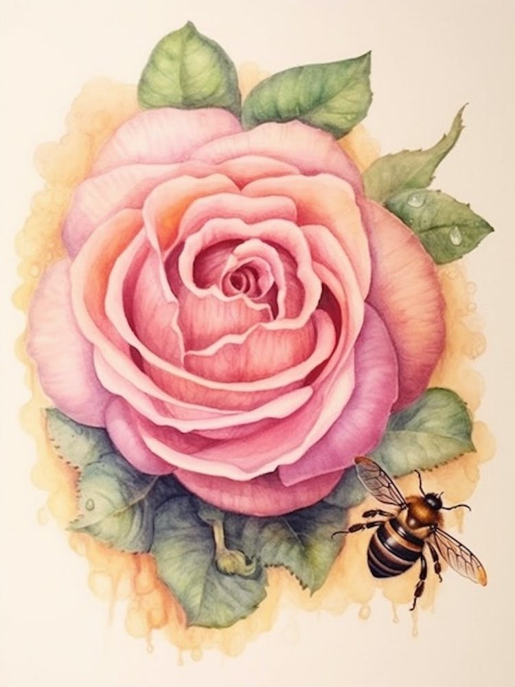 Bienenstock mit Rose Aquarell-Illustration 3