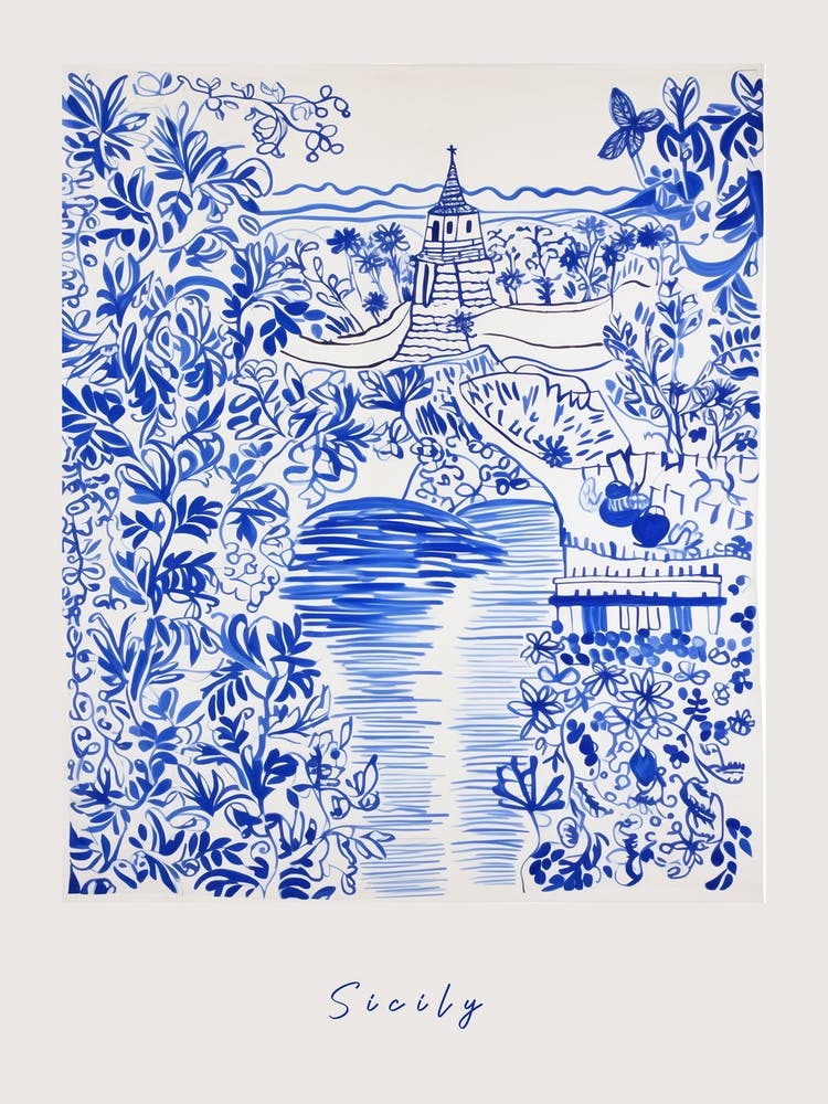 Sicily Italy Blue Drawing Poster