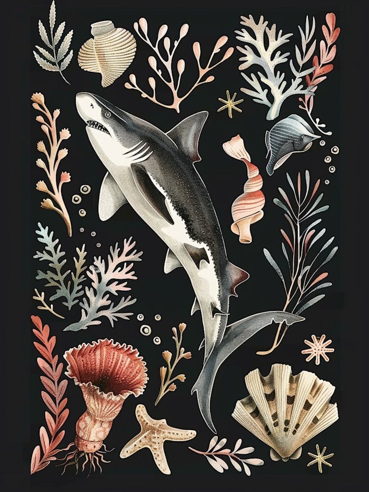 Smooth Hammerhead Shark Black Background Illustration 1