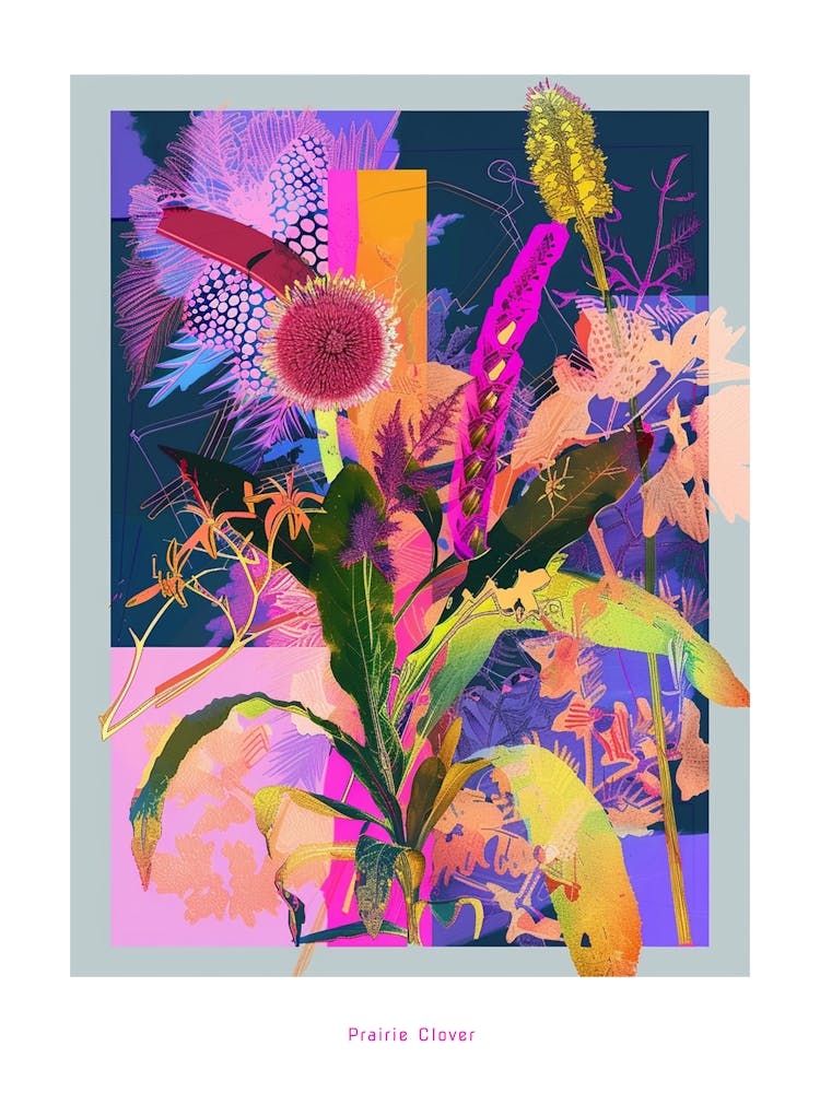 Prairie Clover 1 Neon Flower Collage Poster