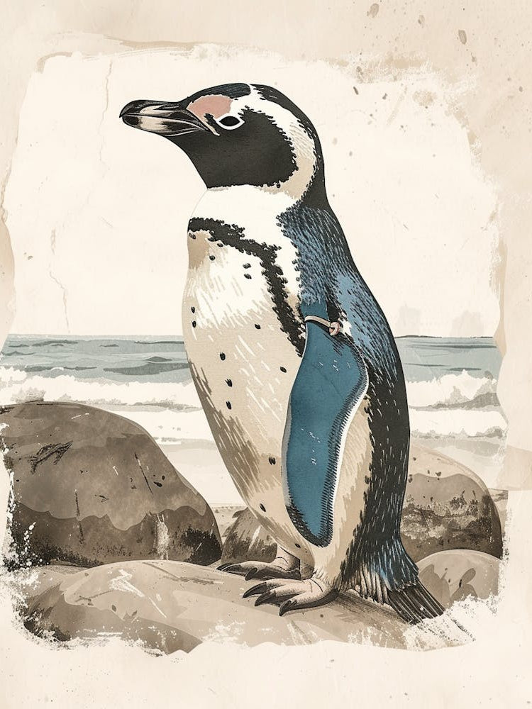 Adlie Penguin Boulders Beach Simons Town Vintage Botanical Painting 1