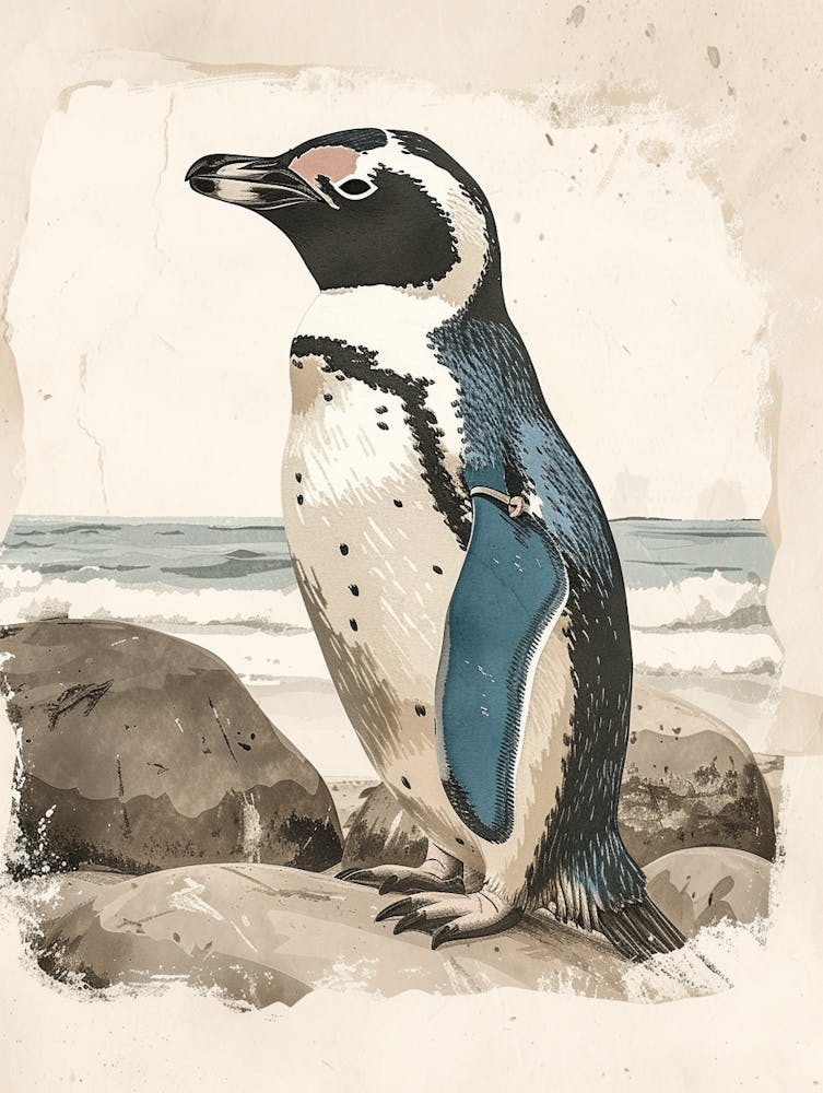 Adlie Penguin Boulders Beach Simons Town Vintage Botanical Painting 1