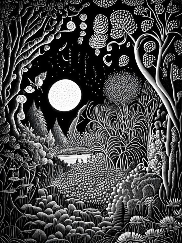 Garden Of Cosmic Speculation, 1, United Kingdom Linocut Black And White Vintage