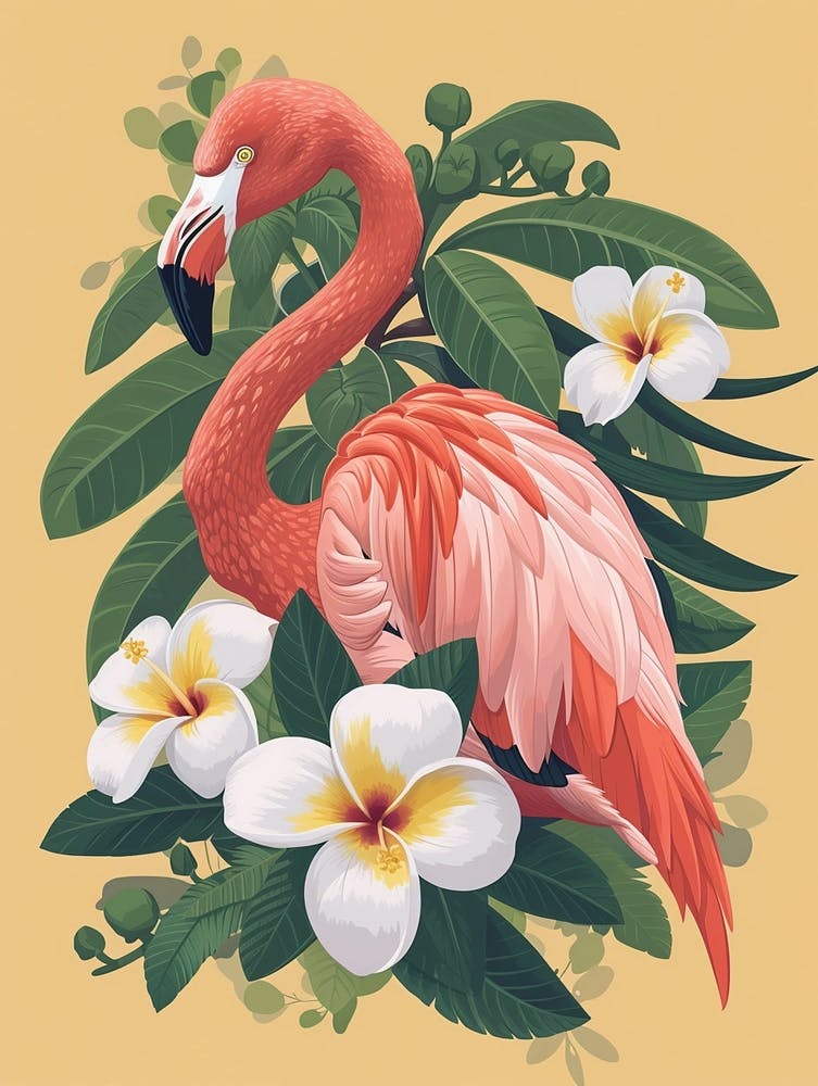 American Flamingo And Plumeria Minimalist Illustration 3