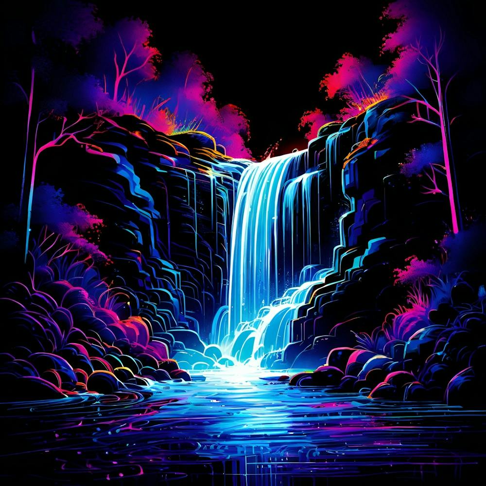 A Neon Infused Line Art Drawing Of A Cascading Waterfall Set Against A Dark Background The Waterfa (1) (1)