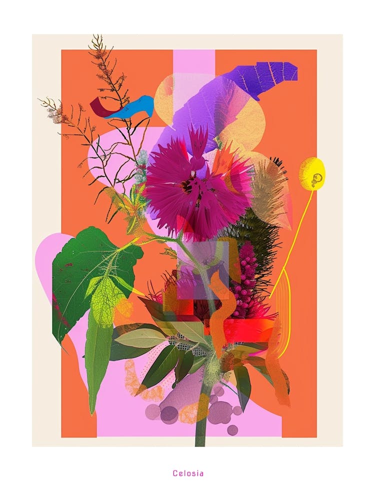 Celosia 1 Neon Flower Collage Poster