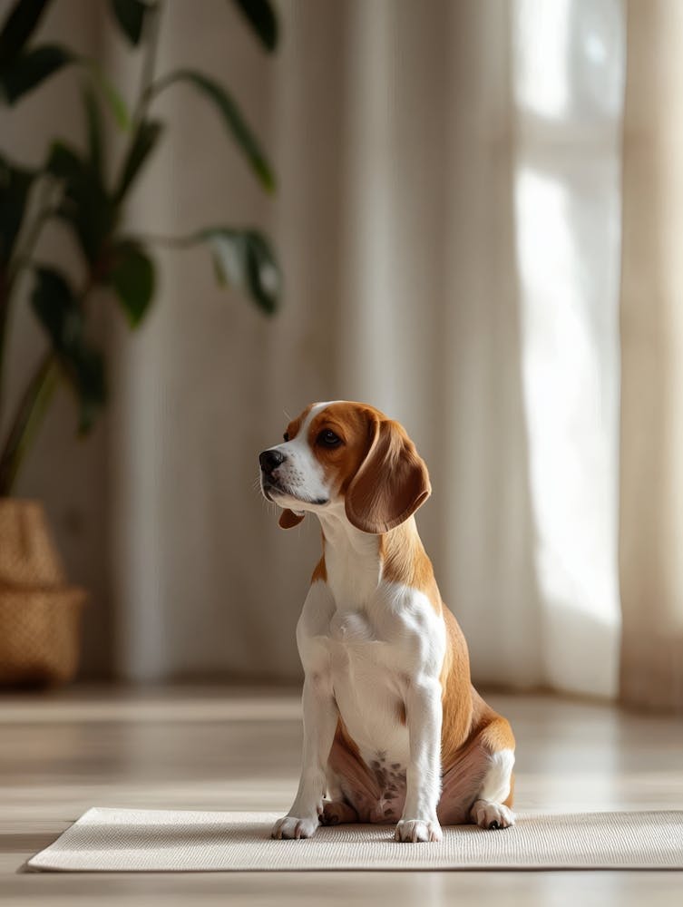 Chien Beagle Assis Sur Un Tapis De Yoga. Généré Par IA. Mur