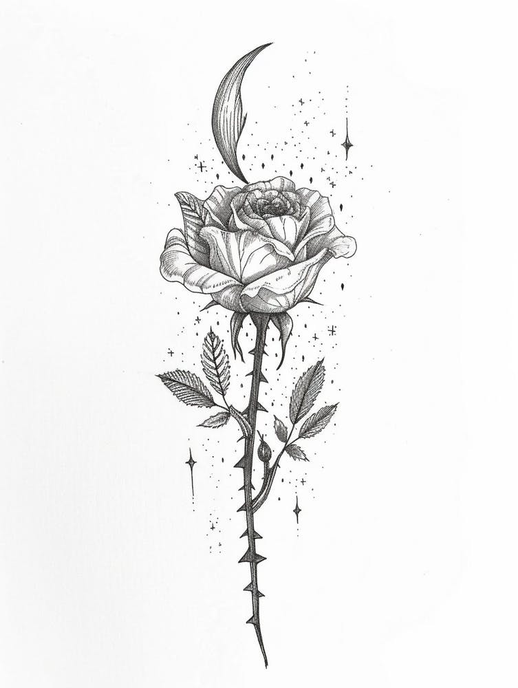 English Rose Moon And Stars Line Drawing 4