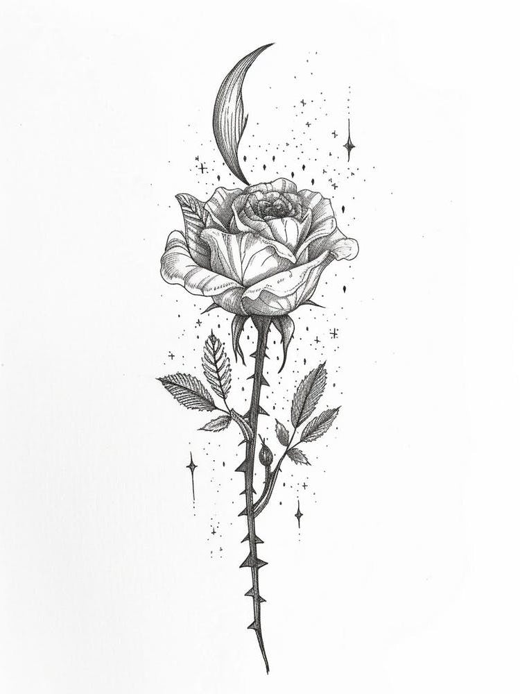 English Rose Moon And Stars Line Drawing 4