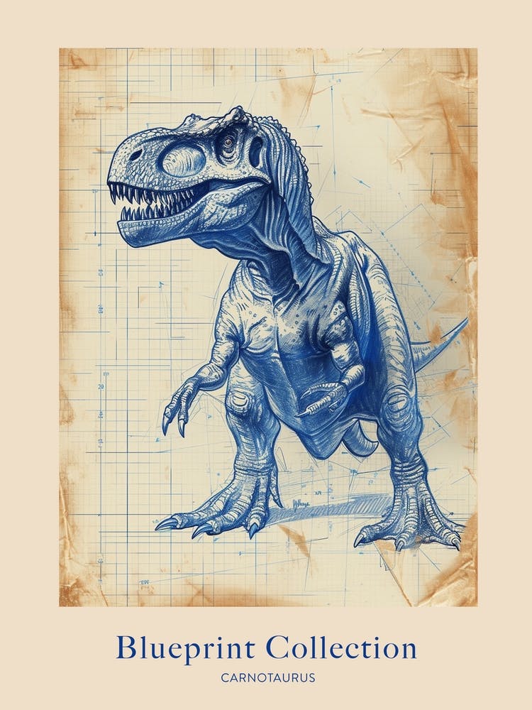 Carnotaurus Dinosaur Blue Print Sketch 3 Poster