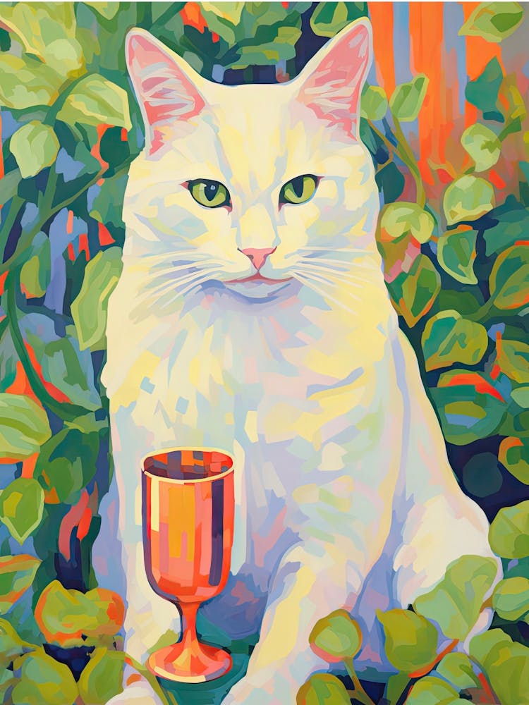 White Cat With A Glass Botanical Oil Painting