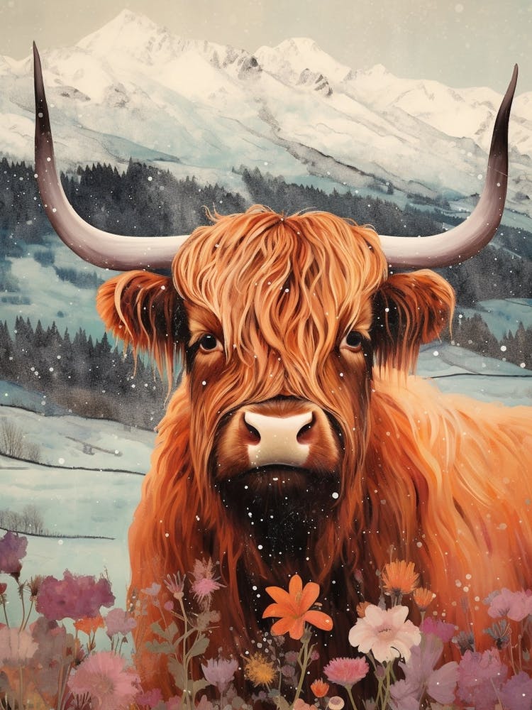 Illustration Texturée Vache des Highlands Enneigée 1