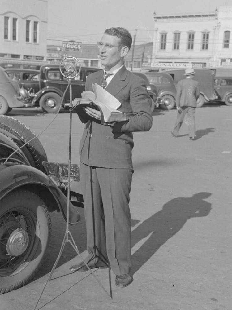 Itinerant Preacher Broadcasting To His Audience By Means Of Public Address System On Streets Of Marshall, Texas B