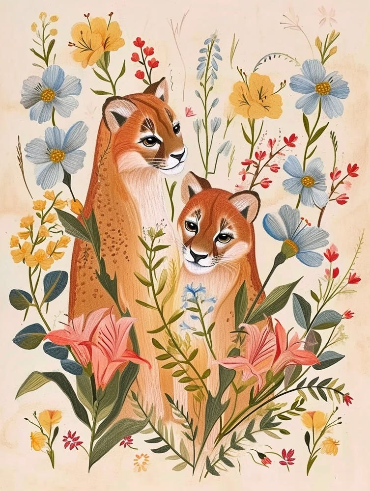Folksy Floral Animal Drawing Puma 5