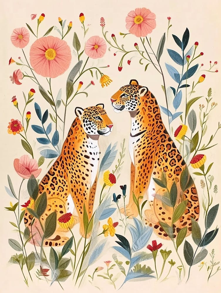 Folksy Floral Animal Drawing Jaguar 4