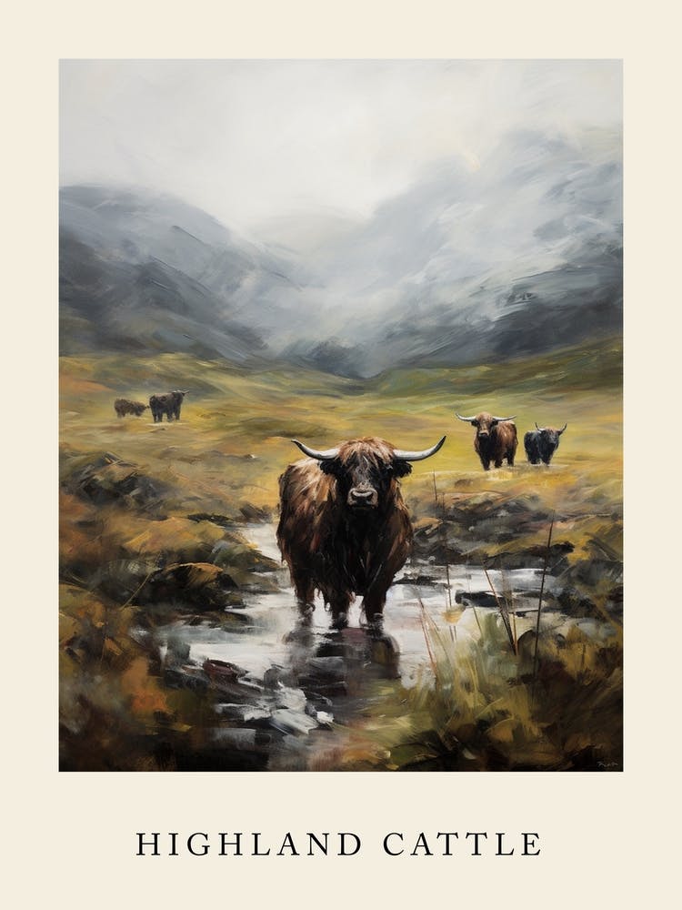 Cloudy Impressionism Style Painting Of Highland Cattle 2