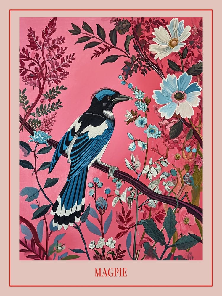 Floral Animal Painting Magpie 4 Poster