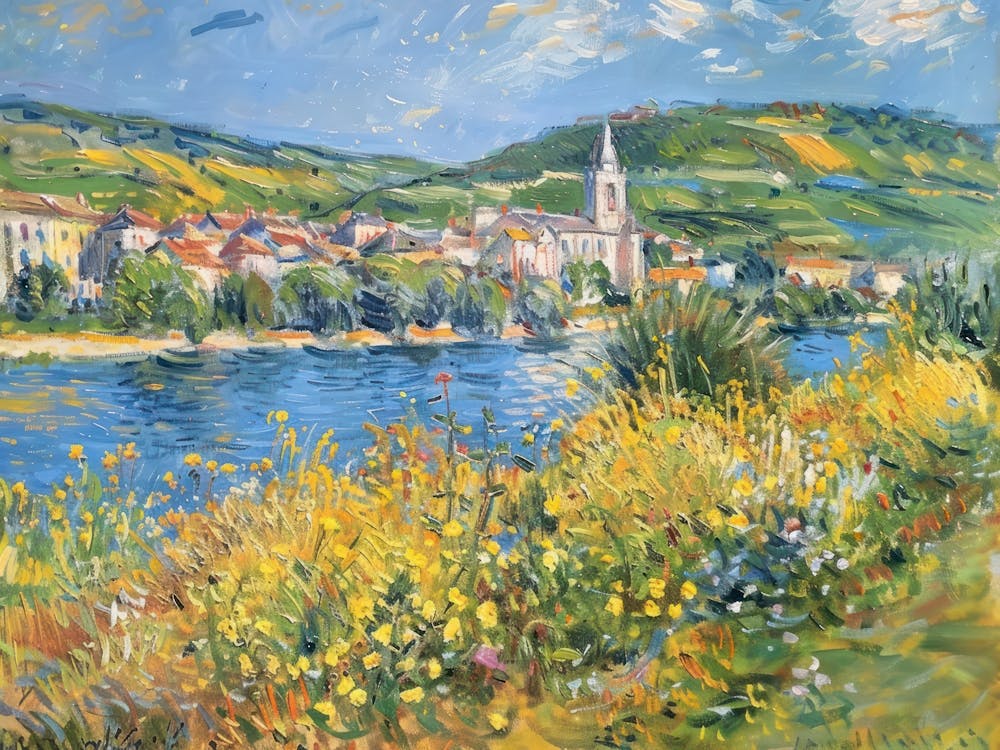 Village By The Lakeshore Painting Inspired By Paul Cezanne