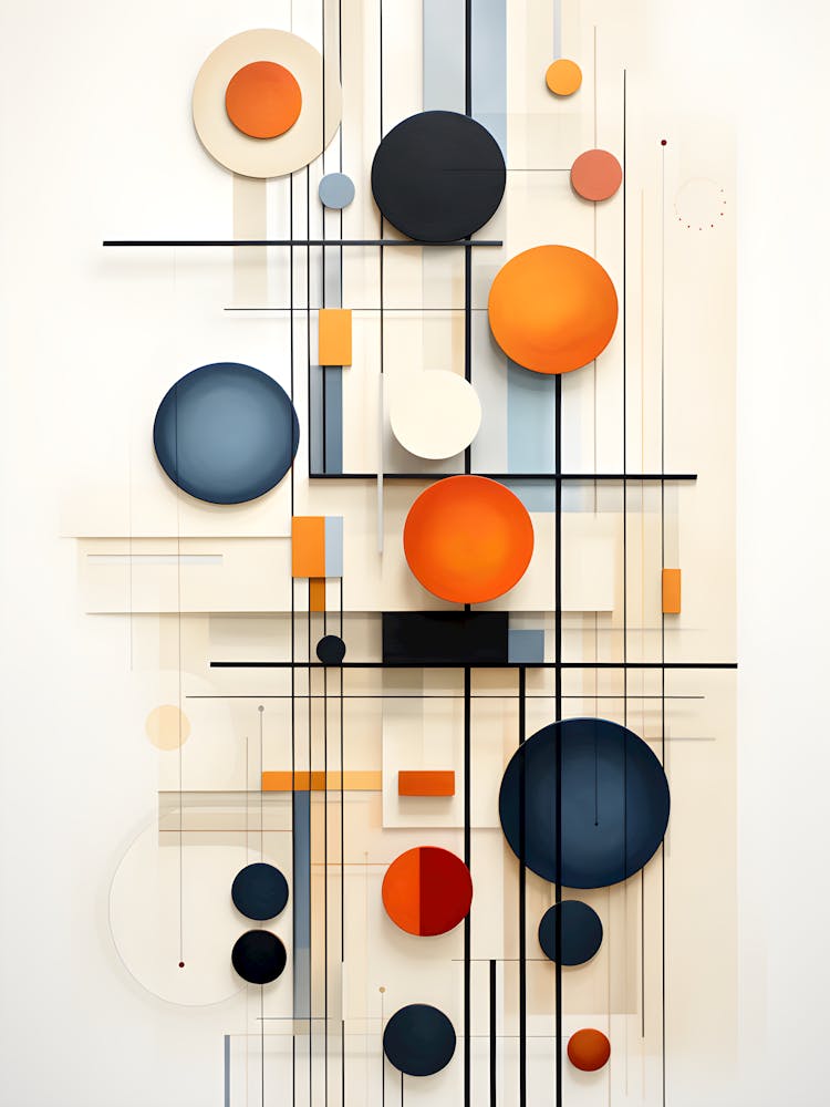 Modern Geometric Abstract Wall Art 3d Minimalist Composition With Circles & Lines In Orange, Blue, And Black
