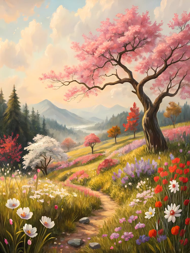 Japanese-Inspired Wildflower Arrangement Oil Painting Style