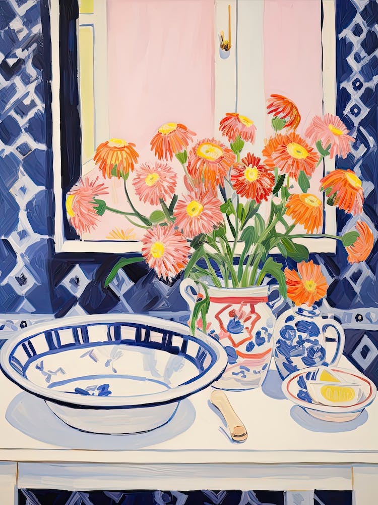Peinture de vanité de salle de bain avec un bouquet de marguerites 3
