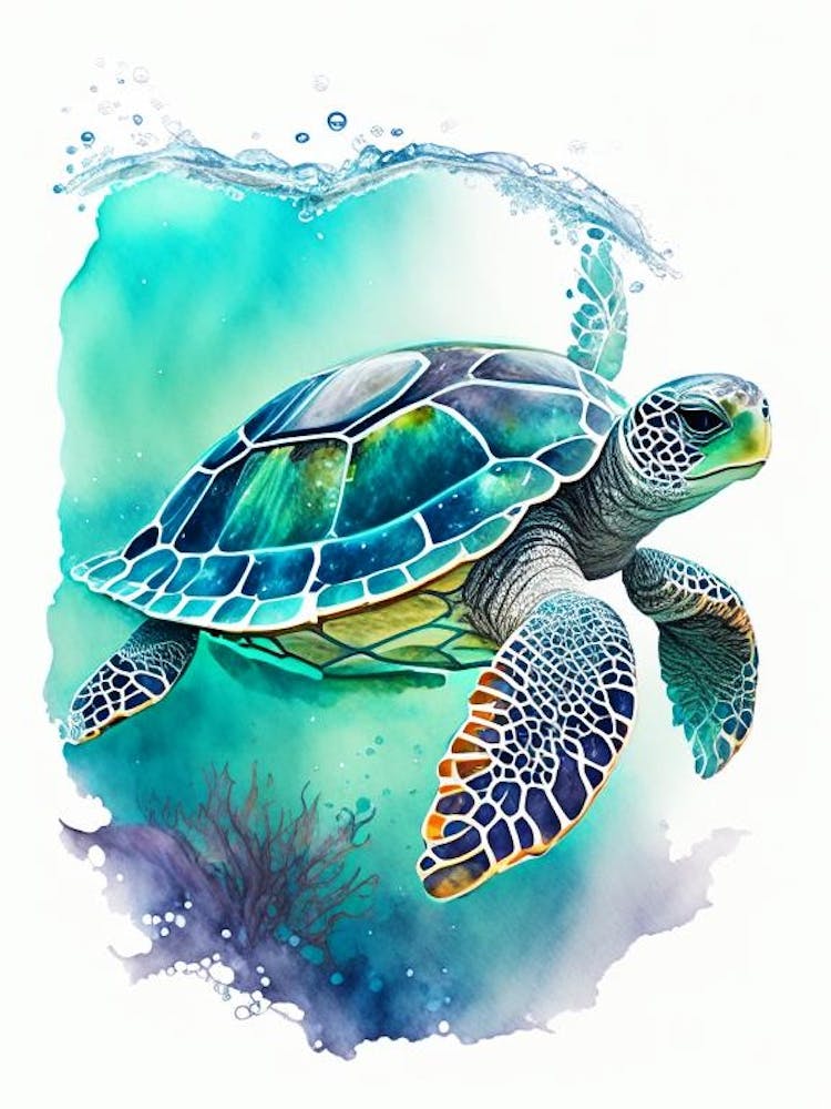 Sea Turtle In Deep Ocean, Sea Turtle Watercolour 4