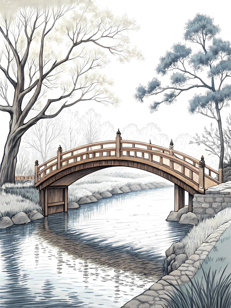 Minimalist Ink Sketch Of Calm River Under A Trad