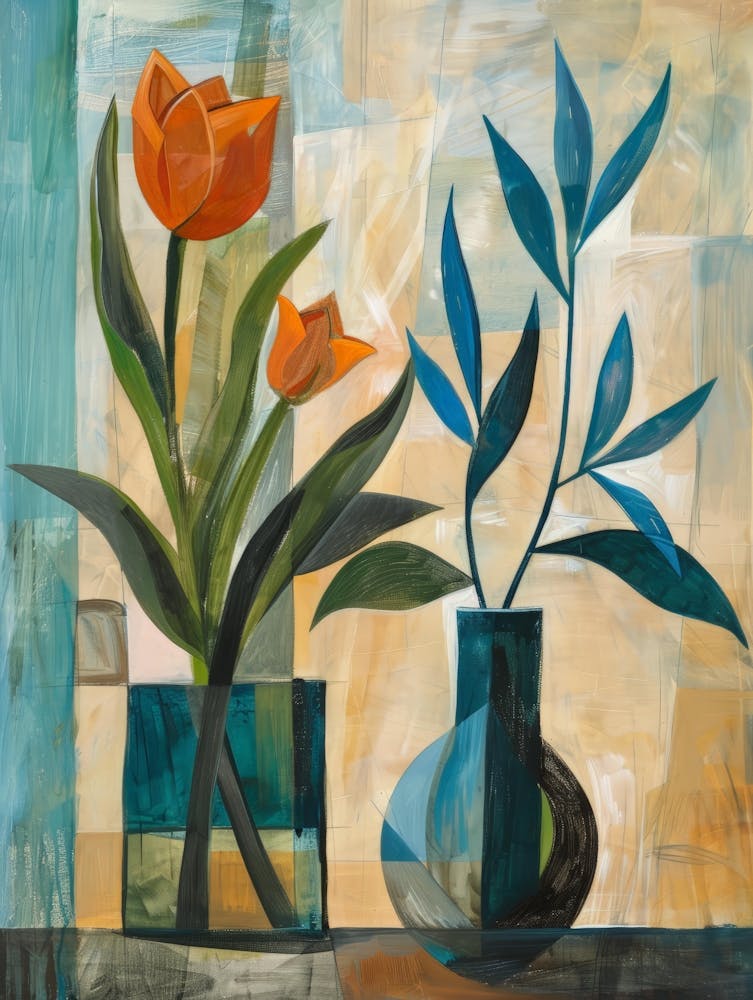 Tulipes Oranges dans des Vases Bleus