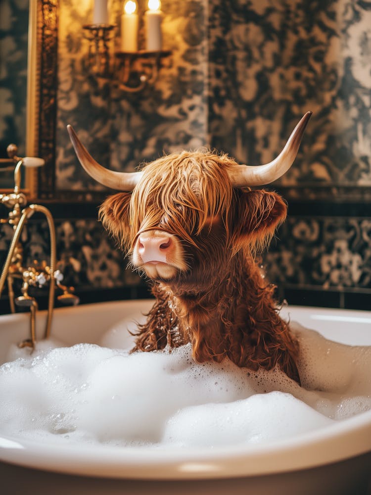 Highland Cow Soaking In A Bubble Bath Bathroom