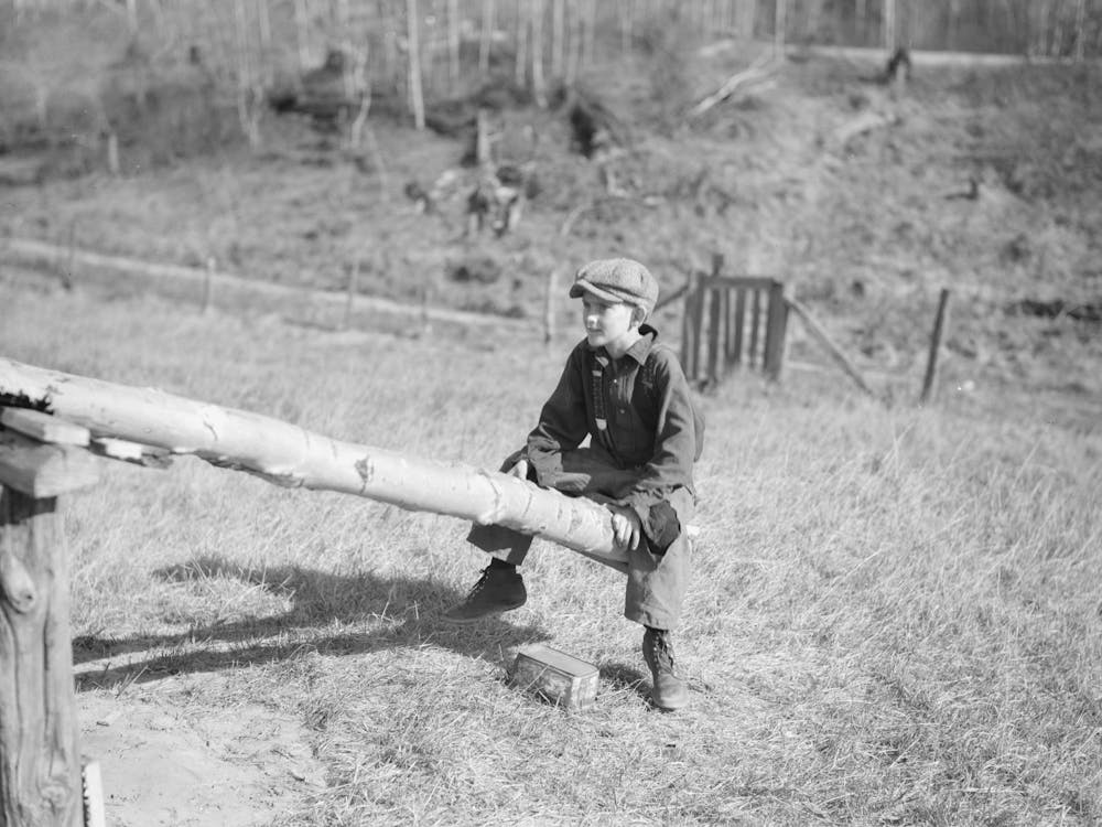 One Of The Max Sparks Children Playing On Homemade Teeter Totter Near Long Lake, Wisconsin By Russell Lee