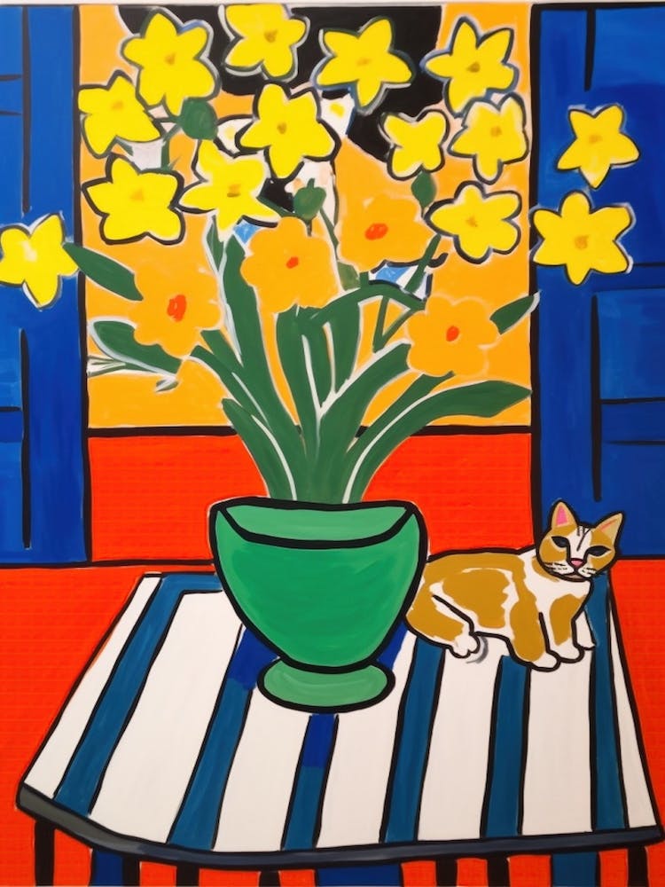 A Painting Of A Still Life Of A Daffodils With A Cat In The Style Of Matisse 3