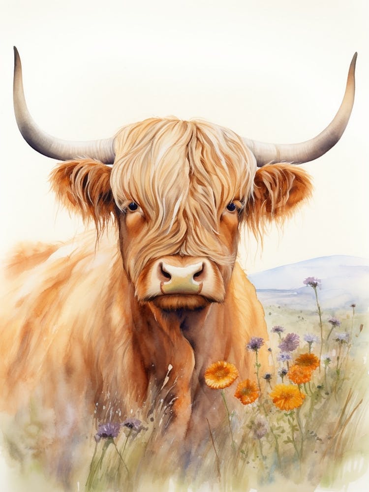 Grassy Highland Cow Watercolour 1
