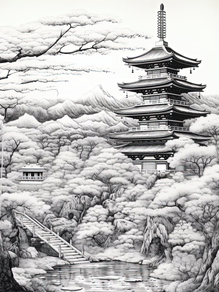 Chureito Pagoda In Yamanashi, Ukiyo E Black And White Line Art Drawing 2