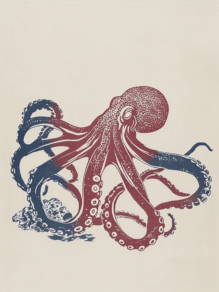 Red & Blue Simple Linocut Style Octopus 5