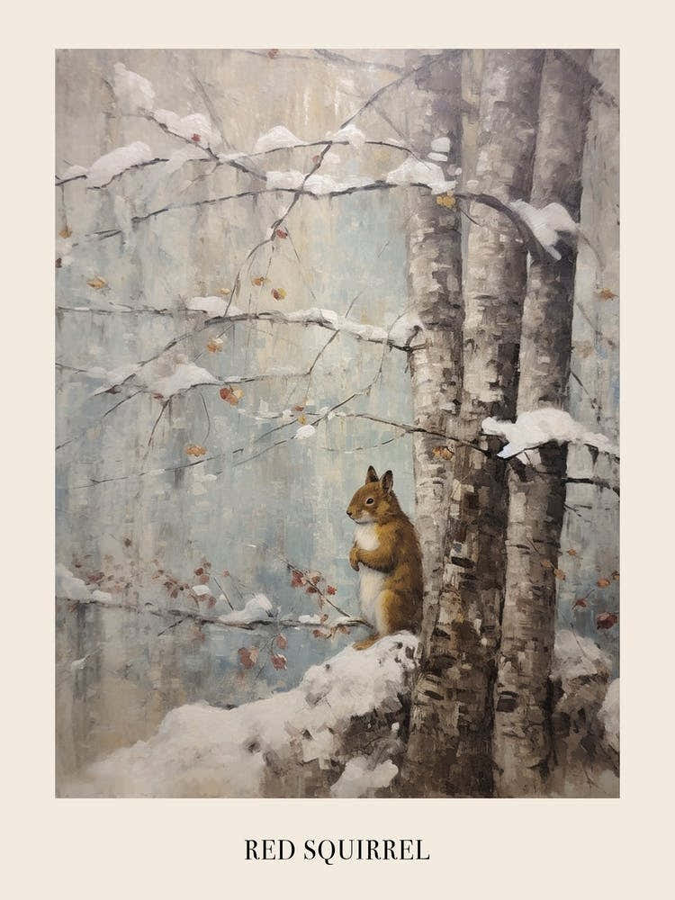 Vintage Winter Animal Painting Poster Red Squirrel 1